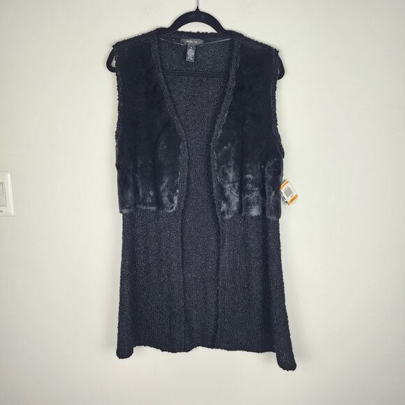 Style & Co Black Vest Sweater Faux Fur Accent Open Front Sleeveless Cardigan S - Picture 12 of 16